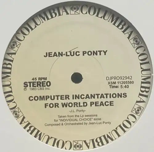 Jean-Luc Ponty - Computer Incarnations For World Peace / In The Fast Lane (Dope Jams Edit) - Import Vinyl 12 inch Record