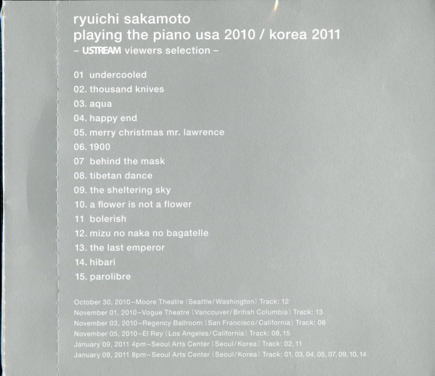 Ryuichi Sakamoto - Playing The Piano Usa 2010 / Korea 2011 Ustream Viewers Selection - - Japan CD