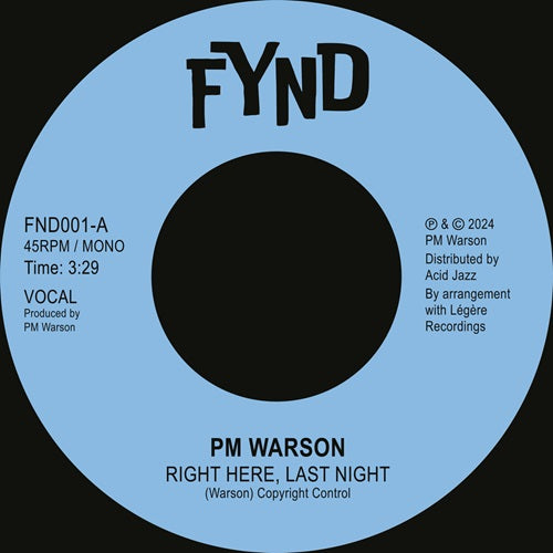 Pm Warson - Right Here,Last Night - Import Vinyl 7’ Single Record