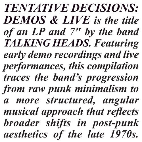 Talking Heads - Tentative Decisions: Demos & Live - Import Black Friday/Clear & Black Vinyl LP Record +7inch